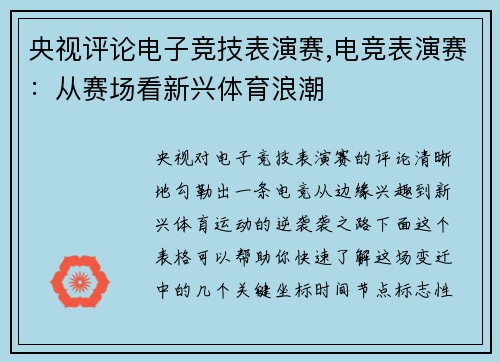 央视评论电子竞技表演赛,电竞表演赛：从赛场看新兴体育浪潮